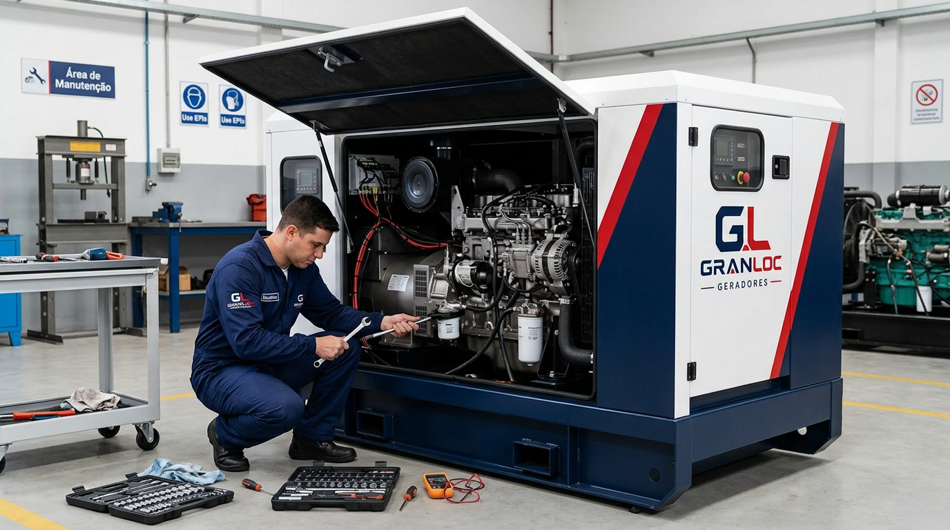 Técnico realizando manutenção em gerador industrial