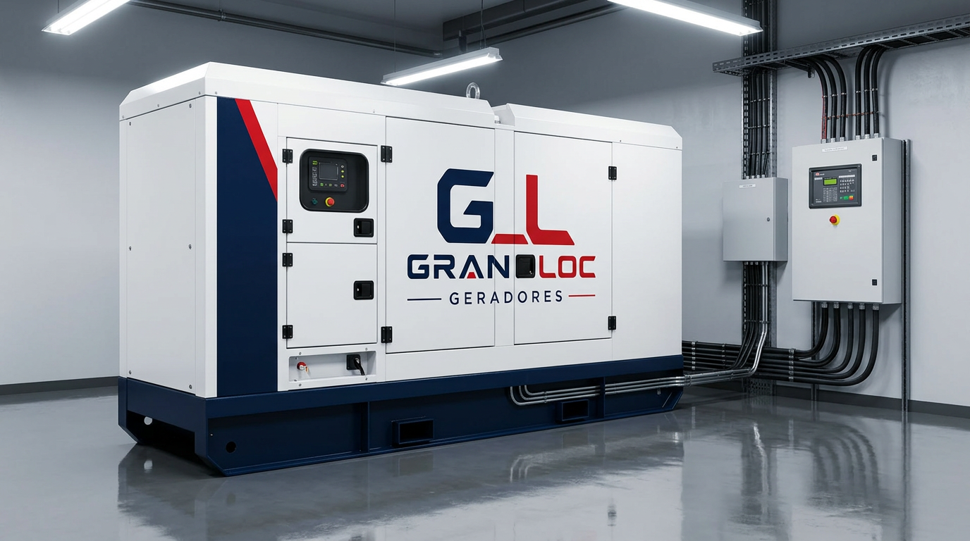 Gerador industrial instalado em sala técnica com quadro de transferência automática